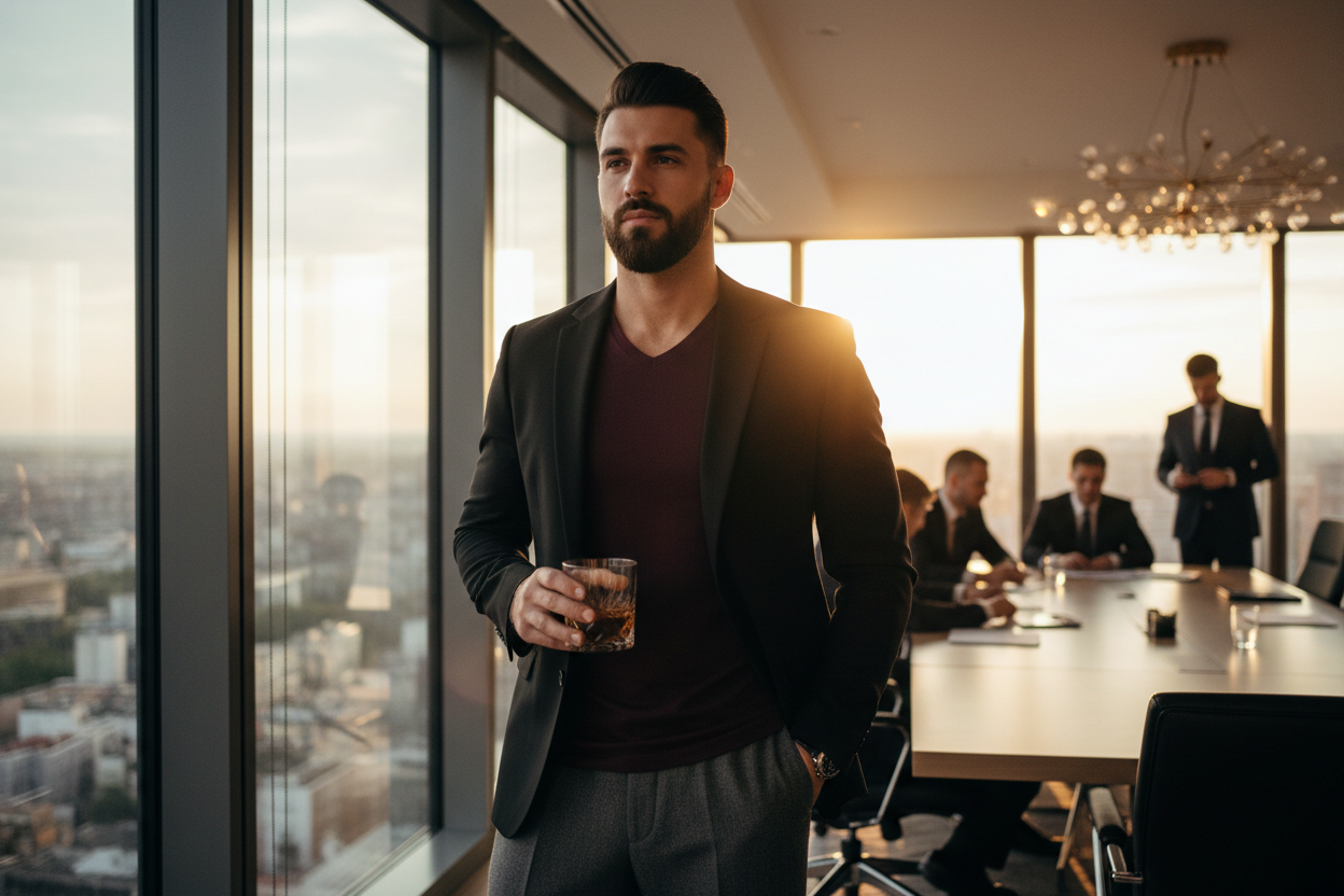 Emperor at golden hour window burgundy black empire contemplation