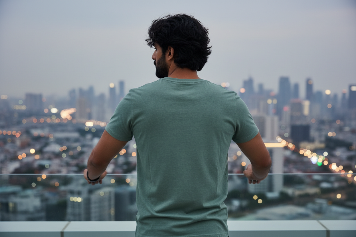 Sage green backshot rooftop terrace city dusk