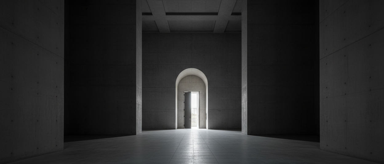 Ultra-wide distant view of architectural doorway